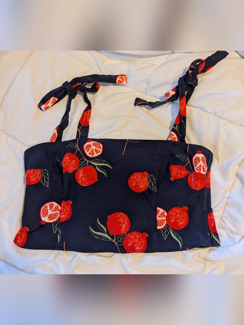 Navy Fruit Print Tie-Strap Crop Top - Red Pomegranate Pattern